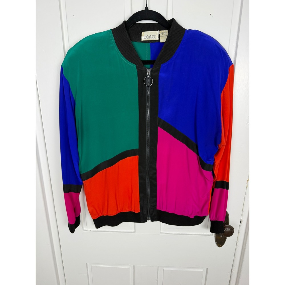 Pia Rucci Vintage 100% Silk Colorblock Geometric Bomber Jacket Womens Large